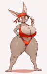  anthro big_breasts bikini breasts brown_body brown_hair clothing female gesture hair hand_on_hip hi_res huge_breasts huge_thighs kerchief kkoart lagomorph leporid looking_at_viewer mammal navel pudding_(plaga) rabbit red_eyes smile solo swimwear thick_thighs v_sign 