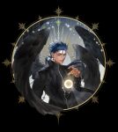  1boy absurdres alternate_costume bk_(aaide114) black_feathers black_jacket black_wings blue_hair cross cross_earrings cu_chulainn_(fate) cu_chulainn_(fate/stay_night) earrings fate/extella fate/extella_link fate/extra fate/grand_order fate/hollow_ataraxia fate/stay_night fate_(series) feathered_wings feathers hexagram highres jacket jewelry korean_commentary light light_particles long_hair long_sleeves male_focus open_mouth ponytail red_eyes smile solo star_(symbol) star_of_david teeth upper_body wings 