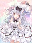  1girl akatsuki_hijiri animal_ears azur_lane bangs bare_shoulders black_bow blush bow breasts cat_ears dress fang frills hair_bow long_hair looking_at_viewer off_shoulder open_mouth silver_hair smile solo white_bow white_dress yukikaze_(azur_lane) yukikaze_(sovereign_of_the_swing)_(azur_lane) 