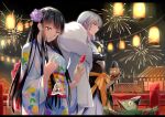  1girl black_hair fireworks flower hair_flower hair_ornament inuyasha japanese_clothes kikyou_(inuyasha) kimono lantern long_hair night sesshoumaru sha_ju_ba_guan_wei smile spirit weibo_id 