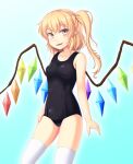 1girl bat_wings black_swimsuit blonde_hair commentary_request contrapposto cowboy_shot crystal flandre_scarlet isaki_(gomi) looking_at_viewer medium_hair no_hat no_headwear one-piece_swimsuit one_side_up pink_eyes pointy_ears school_swimsuit standing swimsuit thighhighs touhou white_legwear wings 
