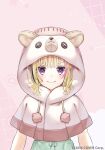  1girl animal_hood bear_hood blonde_hair capelet closed_mouth dress green_dress heart heart-shaped_pupils hololive hood hood_up hooded_capelet kagawa_ichigo looking_at_viewer multicolored_hair official_art omaru_polka purple_eyes smile solo streaked_hair symbol-shaped_pupils upper_body watermark white_capelet 