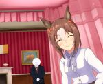  1boy 1girl animal_ears bedroom breasts casual closed_eyes fine_motion_(umamusume) hair_between_eyes hair_ornament highres horse_ears horse_girl horse_tail ii_desu_ka_ochitsuite_kiite_kudasai_(meme) looking_at_viewer medium_breasts meme parody pov shiodanx smile tail umamusume 