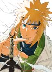  1boy blonde_hair blue_eyes closed_mouth commentary_request face forehead_protector highres holding holding_weapon looking_at_viewer mirin_(coene65) namikaze_minato naruto naruto_(series) ninja short_hair spiked_hair straight-on weapon 