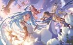  :d bare_shoulders blonde_hair blue_eyes breasts brown_hair copyright_name dress eugen_(granblue_fantasy) flower granblue_fantasy gun hair_flower hair_ornament holding holding_gun holding_weapon io_(granblue_fantasy) large_breasts long_hair looking_at_viewer looking_down lyria_(granblue_fantasy) multiple_boys multiple_girls official_art open_mouth rackam_(granblue_fantasy) rosetta_(granblue_fantasy) small_breasts smile twintails vyrn_(granblue_fantasy) weapon white_dress 