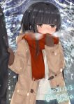  1girl 1other aoshima_sakana bangs black_hair blunt_bangs blush breath brown_coat brown_eyes brown_gloves coat commission dated eyebrows_visible_through_hair gloves hatsuyuki_(kancolle) highres kantai_collection long_hair long_sleeves open_clothes open_coat outdoors red_scarf scarf skeb_commission snowing solo_focus sweater twitter_username white_sweater 