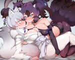  ! 2girls alternate_breast_size animal_ears aqua_eyes arm_around_back asymmetrical_docking bare_shoulders bent_over big_hair black_hair black_legwear blush bone_necklace breast_press breasts cerberus_(kemono_friends) cleavage closed_mouth collar commentary_request cutoffs detached_collar dog_ears elbow_gloves extra_ears face-to-face fingerless_gloves frills fur_collar girl_on_top gloves grey_hair hand_on_another&#039;s_ass hand_on_another&#039;s_back hand_on_another&#039;s_thigh highres huge_breasts imminent_kiss japanese_clothes kemono_friends kimono kneeling large_breasts legwear_under_shorts long_sleeves looking_at_another lying makami_(kemono_friends) multicolored_hair multiple_girls musical_note nose_blush off-shoulder_kimono on_back pantyhose purple_hair reward_available scar scar_across_eye scar_on_face shiny shiny_clothes shiny_skin short_hair_with_long_locks short_shorts shorts sidelocks smile spiked_collar spikes spoken_exclamation_mark spoken_musical_note strapless tail tanaka_kusao tube_top two-tone_hair two_side_up white_gloves wolf_ears wolf_girl wolf_tail yellow_eyes yuri 