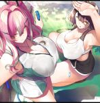  2girls arm_up armor azur_lane baltimore_(azur_lane) baltimore_(black_ace)_(azur_lane) bandaid bandaid_on_thigh bangs black_shorts breasts bremerton_(azur_lane) bremerton_(scorching-hot_training)_(azur_lane) brown_hair cleavage closed_mouth collarbone commentary_request crop_top dappled_sunlight day dolphin_shorts grey_hair hair_between_eyes hair_ornament highres kneeling large_breasts miya_ur multicolored_hair multiple_girls necktie open_mouth outdoors pink_hair racket shorts skirt smile sports_bra sportswear standing streaked_hair sunlight tennis_racket tennis_uniform two-tone_hair white_skirt white_sports_bra x_hair_ornament yellow_eyes 