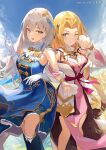  2girls :d ;) absurdres bangs black_legwear blonde_hair blue_dress blue_eyes blue_sky brown_eyes character_request closed_mouth cloud commentary_request copyright_name day dress elbow_gloves eyebrows_visible_through_hair final_fantasy final_fantasy_brave_exvius forehead gloves grey_hair hair_between_eyes highres jacket kneehighs locked_arms long_sleeves multiple_girls one_eye_closed outdoors parted_bangs pdxen pink_dress puffy_long_sleeves puffy_sleeves sky sleeveless sleeveless_dress sleeves_past_fingers sleeves_past_wrists smile v v-shaped_eyebrows war_of_the_visions:_final_fantasy_brave_exvius white_gloves white_jacket 