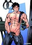  1boy abs absurdres artist_name bara batman_(series) black_gloves black_hair black_pants black_shirt blue_eyes blue_gloves bottle bulge closed_mouth crotch_grab dc_comics dick_grayson erection erection_under_clothes gloves highres holding holding_bottle large_pectorals male_focus male_pubic_hair muscular muscular_male navel nightwing nipples pants pectorals penis penis_peek phaustok pubic_hair shirt shirt_on_shoulders short_hair solo sweat two-tone_gloves water_bottle 