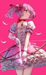  1girl bow_(weapon) choker dress feathers flat_chest floating_hair frilled_dress frills gloves highres holding holding_bow_(weapon) holding_weapon kaname_madoka looking_to_the_side magical_girl mahou_shoujo_madoka_magica open_mouth pink_background pink_dress pink_eyes pink_hair red_choker ribbon_choker solo superpig weapon white_gloves 