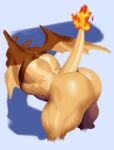  anthro bent_over big_butt blue_background butt charizard fire flaming_tail guzreuef hi_res male muscular muscular_male nintendo nude orange_body pok&eacute;mon pok&eacute;mon_(species) presenting presenting_hindquarters raised_tail simple_background solo spread_wings thick_thighs video_games wings 