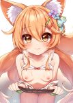  !? 1boy 1girl animal_ear_fluff animal_ears bangs bell black_skirt blush bra breasts breasts_out brown_eyes closed_mouth clothes_lift collarbone eyebrows_visible_through_hair fang flower fox_ears fox_girl fox_tail hair_bell hair_between_eyes hair_flower hair_ornament hairclip heart highres korin_(shironeko_project) long_hair looking_at_viewer nipples off_shoulder orange_hair panties pleated_skirt shironeko_project shirt signature skirt skirt_lift slit_pupils small_breasts sweat sweatdrop tail underwear white_bra white_panties white_shirt yufukiri 