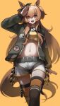  1girl :d animal_ears arm_up bangs belt black_belt black_jacket blush brown_eyes brown_hair commentary cowboy_shot crop_top eyebrows_visible_through_hair grey_shorts hair_between_eyes highres horse_ears horse_tail jacket long_hair long_sleeves looking_at_viewer mayano_top_gun_(umamusume) midriff navel nsb36046_(na) open_clothes open_jacket open_mouth salute shirt short_shorts shorts simple_background smile solo standing stomach tail thighhighs two_side_up umamusume very_long_hair yellow_background yellow_shirt 