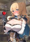  1girl absurdres alcohol arm_under_breasts band_(skymole01) bangs bare_shoulders blonde_hair blue_capelet blue_eyes blush breasts capelet cleavage commentary_request cup cupping_glass detached_collar detached_sleeves genshin_impact hair_between_eyes hand_up highres holding holding_cup indoors jean_(genshin_impact) large_breasts long_hair looking_at_viewer nose_blush parted_lips ponytail shirt sidelocks solo strapless strapless_shirt upper_body wine 