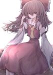  1girl 33_gaff ascot bandages bangs bare_shoulders bow breasts brown_hair closed_mouth collarbone collared_shirt commentary_request detached_sleeves eyebrows_visible_through_hair eyelashes eyes_visible_through_hair frills grey_shirt hair_between_eyes hair_ornament hair_tubes hakurei_reimu hand_up light long_hair long_skirt long_sleeves looking_at_viewer red_bow red_eyes red_skirt red_vest shirt simple_background sitting skirt small_breasts smile solo touhou vest wide_sleeves yellow_ascot 