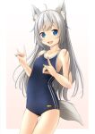  1girl \m/ ahoge animal_ear_fluff animal_ears blue_eyes blue_swimsuit commission double_fox_shadow_puppet earrings fox_ears fox_girl fox_shadow_puppet fox_tail highres jewelry long_hair nail_polish one-piece_swimsuit open_mouth original school_swimsuit shadow_puppet shibacha silver_hair skeb_commission smile solo swimsuit tail thigh_gap thighs 