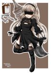  1girl back_cutout black_blindfold black_dress black_footwear black_hairband black_legwear blindfold bokukawauso boots cleavage_cutout clothing_cutout cosplay covered_eyes dress feather-trimmed_sleeves grey_hair hairband high_heel_boots high_heels highres juliet_sleeves kantai_collection long_hair long_sleeves mikura_(kancolle) nier_(series) nier_automata puffy_sleeves senon solo thigh_boots thighhighs thighhighs_under_boots yorha_no._2_type_b yorha_no._2_type_b_(cosplay) 