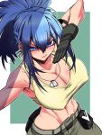  1girl bare_shoulders belt blue_eyes blue_hair breasts cleavage clenched_hand dog_tags earrings from_above gloves highres jewelry jin_(mugenjin) leona_heidern navel ponytail pouch solo tank_top the_king_of_fighters the_king_of_fighters_xiv the_king_of_fighters_xv triangle_earrings yellow_tank_top 