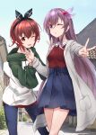  2girls alternate_costume black_hairband blue_pants blue_skirt brown_eyes brown_hair brown_shirt coat eyebrows_visible_through_hair feet_out_of_frame fingernails grey_coat hair_between_eyes hair_ornament hairband highres hood hoodie kantai_collection kisaragi_(kancolle) long_hair long_sleeves minosu multiple_girls mutsuki_(kancolle) one_eye_closed open_clothes open_coat open_mouth pants parted_lips purple_eyes purple_hair shirt short_hair skirt smile v 