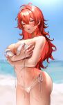  1girl antenna_hair bangs bikini blurry blurry_background blush breasts covering covering_breasts day diluc_(genshin_impact) genderswap genderswap_(mtf) genshin_impact hair_between_eyes highres large_breasts long_hair looking_at_viewer ocean outdoors parted_lips red_eyes red_hair scar scar_on_arm scar_on_chest scar_on_leg side-tie_bikini sky solo sweat swimsuit untied untied_bikini very_long_hair white_bikini yavalley 