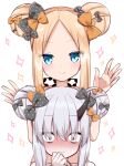  2girls abigail_williams_(emerald_float)_(fate) abigail_williams_(fate) abigail_williams_(swimsuit_foreigner)_(fate) abigail_williams_(swimsuit_foreigner)_(fate)_(cosplay) bags_under_eyes black_bow blonde_hair blue_eyes blush bow closed_mouth cosplay double_bun embarrassed fate/grand_order fate_(series) hair_bow highres kamu_(geeenius) lavinia_whateley_(emerald_float)_(fate) lavinia_whateley_(fate) looking_at_viewer multiple_girls multiple_hair_bows official_alternate_costume red_eyes sanpaku sidelocks smile wide-eyed 