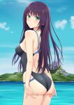  1girl ass ass_support bangs banned_artist black_swimsuit blue_sky breasts closed_mouth cloud commentary_request competition_swimsuit cowboy_shot day from_behind green_eyes long_hair looking_at_viewer looking_back medium_breasts mountain n.g. one-piece_swimsuit original outdoors purple_hair reward_available sky smile solo standing straight_hair swimsuit water 