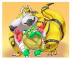  2016 anthro bandai_namco belly big_belly big_breasts biglovealicia breasts digimon digimon_(species) digital_drawing_(artwork) digital_media_(artwork) dragon duo female growlmon hair male signature size_difference talons tentomon weight_gain yellow_body 
