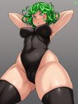  1girl absurdres armpits arms_behind_head ass_visible_through_thighs black_legwear black_leotard breasts cameltoe chestnut_mouth covered_navel covered_nipples green_hair highleg highres jmg leotard medium_breasts one-punch_man reward_available simple_background solo tatsumaki thick_thighs thighhighs thighs white_background 
