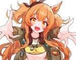  1girl :d animal_ears bangs black_ribbon blush commentary_request crop_top ear_ribbon eyebrows_visible_through_hair grey_jacket highres horse_ears jacket long_hair long_sleeves looking_at_viewer mayano_top_gun_(umamusume) midriff open_clothes open_jacket open_mouth orange_hair reaching_out ribbon shirt simple_background smile solo stomach two_side_up umamusume very_long_hair white_background xlnosearch_(xlxiaoluodiaofa) yellow_eyes yellow_shirt 