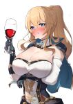 1girl absurdres alcohol arm_under_breasts band_(skymole01) bangs bare_shoulders blonde_hair blue_capelet blue_eyes blush breasts capelet cleavage commentary_request cup cupping_glass detached_collar detached_sleeves genshin_impact hair_between_eyes hand_up highres holding holding_cup jean_(genshin_impact) large_breasts long_hair looking_at_viewer nose_blush parted_lips ponytail shirt sidelocks simple_background solo strapless strapless_shirt upper_body white_background wine 