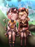  2girls :3 absurdres ahoge animal_ears animal_print backpack bag bag_removed bangs bangs_pinned_back belt black_footwear black_shorts blurry boots brown_footwear brown_gloves brown_scarf cabbie_hat cat_ears cat_girl cat_print cat_tail clover_print coat commentary_request depth_of_field detached_sleeves diona_(genshin_impact) eyebrows_visible_through_hair flower genshin_impact gloves grass hair_between_eyes hair_ribbon hat hat_flower hat_ornament highres holding_hands klee_(genshin_impact) knee_boots kneehighs kuma_piv light_brown_hair long_hair long_sleeves low_twintails midriff multiple_girls navel parted_lips paw_print pink_hair pointy_ears puffy_detached_sleeves puffy_shorts puffy_sleeves randoseru red_coat red_headwear revision ribbon scarf short_hair shorts sidelocks sitting skyline sleeping sleeping_on_person tail thick_eyebrows tree twintails vision_(genshin_impact) white_gloves windmill 