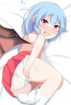  1girl ass bat_wings blue_hair blush looking_at_viewer lying no_hat no_headwear on_side onaho_(otayoku) open_mouth panties pink_eyes pointy_ears remilia_scarlet short_hair skirt solo touhou underwear white_legwear white_panties wings 