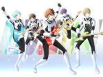  5boys :o aqua_hair bass_guitar black_gloves black_hair blonde_hair blue_eyes blue_hair blush brown_eyes brown_hair clothes ensemble_stars! gloves hair_over_one_eye highres instrument kindo long_sleeves looking_at_viewer male_focus morisawa_chiaki multicolored_hair multiple_boys nagumo_tetora open_mouth pants purple_hair red_eyes red_hair ryuuseitai_(ensemble_stars!) sengoku_shinobu shinkai_kanata shirt short_hair simple_background smile streaked_hair takamine_midori white_background yellow_eyes 