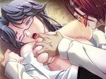  1boy 1girl breast_grab breasts game_cg glasses grabbing green_eyes grey_hair grope groping hell_guide m_no_violet nipples open_clothes open_shirt shirt 