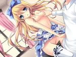  1girl alice_(wonderland) alice_in_wonderland blonde_hair blue_eyes blush bow breast_grab breasts clothed_sex covering cowgirl_position girl_on_top grabbing navel nipples open_mouth pussy_juice sex straddling thighhighs undressing vaginal white_legwear zettai_ryouiki 