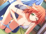  1boy 1girl blush breast_grab breasts clothed_sex game_cg grabbing green_eyes himekawa_kazumi indoors orange_hair panties panty_pull pia_carrot pia_carrot_(series) pia_carrot_e_youkoso!! pia_carrot_e_youkoso!!_g.o. sex underwear wince wink 