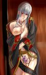  bad_id bad_pixiv_id blush bottomless breast_slip breasts flower jacket large_breasts long_hair nipple_piercing nipples one_breast_out piercing red_eyes rose sayuhime_tatsumi selvaria_bles senjou_no_valkyria silver_hair solo 