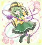  1girl :d ankle_boots bangs black_headwear blouse blush boots buttons collared_blouse commentary_request diamond_button eyeball flower frilled_shirt_collar frilled_skirt frilled_sleeves frills full_body green_eyes green_hair green_skirt hand_on_headwear hat hat_ribbon heart heart_of_string komeiji_koishi long_sleeves looking_at_viewer medium_hair medium_skirt musical_note open_mouth petals ribbon rose rose_petals sidelocks signature skirt smile solo third_eye touhou wavy_hair wide_sleeves yellow_blouse yellow_ribbon yoshiyanmisoko2 
