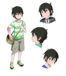  1boy bag blue_eyes blush brown_hair chikyuugai_shounen_shoujo frown hair_between_eyes handbag highres konana male_focus multiple_views sagami_touya shirt shoes shorts smile striped striped_shirt white_background 