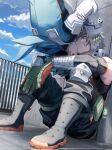  2boys bakugou_katsuki blonde_hair bodysuit boku_no_hero_academia boots cut_(nifuhami_35) dutch_angle explosive freckles gloves green_belt green_bodysuit green_gloves green_hair grenade highres hood hood_down imminent_kiss kiss knee_pads male_focus midoriya_izuku multiple_boys on_floor outdoors red_eyes sitting spiked_hair upside-down upside-down_kiss white_gloves yaoi 