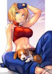  1girl animal arm_support arm_up bangs bare_shoulders belt blonde_hair blue_eyes blue_mary blue_pants bracelet breasts closed_mouth cloud commentary_request dog fatal_fury fingerless_gloves fingernails gloves gradient_sky hinoru_saikusa jewelry lips medium_breasts midriff navel necklace pants red_tank_top shiny shiny_hair short_hair simple_background sitting sky sleeping sleeveless smile stomach tank_top the_king_of_fighters turtleneck 