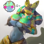  anthro big_breasts breast_grab breasts female hand_on_breast hi_res hopping4 lucario nintendo pok&eacute;mon pok&eacute;mon_(species) solo video_games 