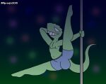  anthro bedroom_eyes bottomwear bulge clothing dancing filmcow hand_behind_head lights lizard male murontis2001 narrowed_eyes navel nipples pole pole_dancing reptile scalie seductive sexy_lizardman shorts showing_teeth smile solo spread_legs spreading thick_thighs tricorn_lord_of_fate 