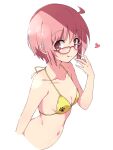  1girl :q bangs bikini breasts collarbone commentary_request eyebrows_visible_through_hair glasses heart highres looking_at_viewer mel_(melty_pot) navel nonohara_yuzuko pink_eyes pink_hair red-framed_eyewear short_hair simple_background small_breasts solo swimsuit tongue tongue_out white_background yellow_bikini yuyushiki 
