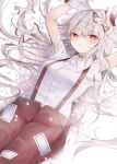  1girl arms_up bangs beige_shirt blurry blush bow cherry_blossoms collared_shirt depth_of_field fujiwara_no_mokou hair_bow highres hiiro60 long_hair looking_at_viewer lying ofuda ofuda_on_clothes on_back open_mouth red_eyes shirt short_sleeves sidelocks silver_hair simple_background solo suspenders torn_clothes torn_sleeves touhou very_long_hair white_background white_bow white_shirt wrist_cuffs 