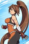  1girl akairiot ass athletic backless_outfit bandages bangs breasts brown_hair dnf_duel dungeon_and_fighter fighter_(dungeon_and_fighter) gloves high_ponytail highres large_breasts long_hair muscular muscular_female open_mouth parted_lips solo spiked_hair striker_(dungeon_and_fighter) thighs toned very_long_hair yellow_eyes 