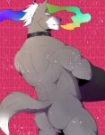  anthro backsack balls butt canid canine canis clothing fur genitals grey_body grey_fur hair hi_res looking_back male mammal mels_monster_(artist) muscular muscular_anthro muscular_male nintendo nude solo star_fox undressing video_games white_hair wolf wolf_o&#039;donnell 
