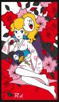  1girl bangs barefoot black_border blonde_hair blue_eyes border closed_mouth commentary_request earrings flower full_body hanafuda hand_fan highres japanese_clothes jewelry kimono long_hair looking_at_viewer mario_(series) ponytail princess_peach r3dfive smile solo 