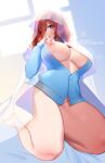  1girl barefoot blue_cardigan blue_eyes bottomless breasts bridal_veil brown_hair cardigan commentary from_below go-toubun_no_hanayome groin hand_on_own_face hand_up highres large_breasts long_hair looking_at_viewer looking_down nakano_miku nipples no_bra one_breast_out patreon_username reward_available seiza shiny shiny_skin sitting solo thick_thighs thighs tofuubear unbuttoned underboob veil window 
